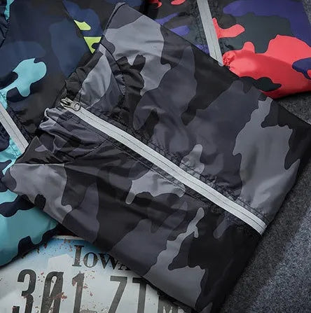 Men's camouflage hooded jacket with luminous zipper, available in multiple colours and sizes M to 5XL
