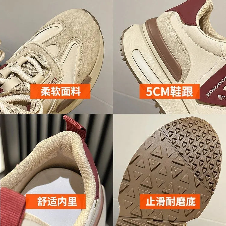 Women's retro platform sports shoes in black or khaki red with round toe and lace-up front.