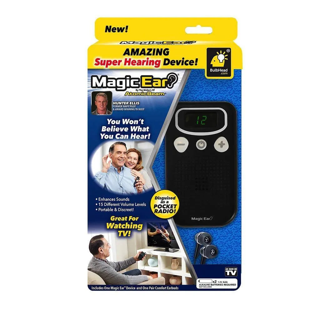 Digital display personal hearing amplifier in brilliant colour with handheld FM radio design