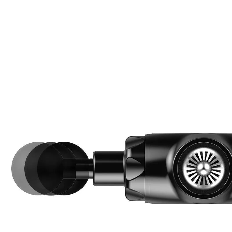 Black and white muscle massage gun with lithium battery and adjustable speed control
