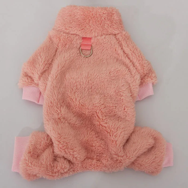 Four-legged dog clothes with double-sided plush fabric, high collar and towing ring in khaki colour