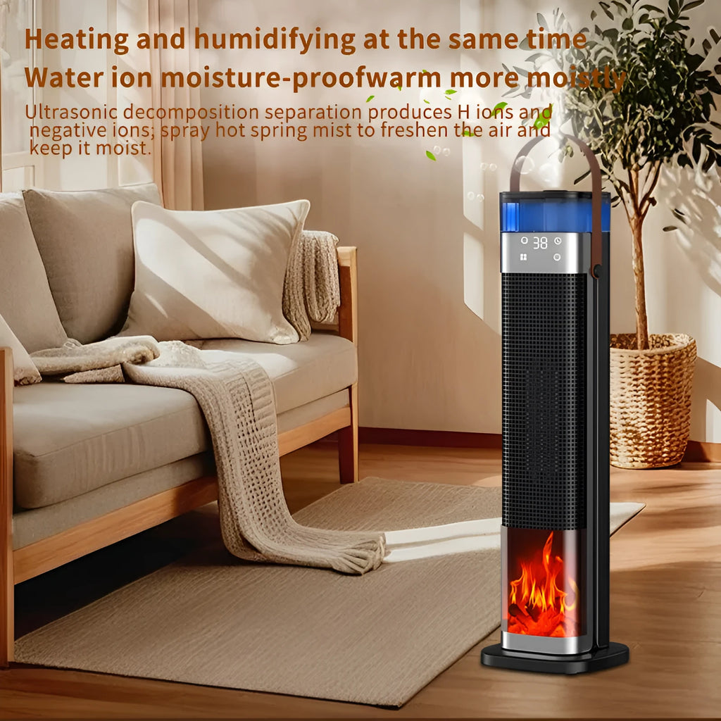 Vertical humidifying heater with remote control on a wooden floor.