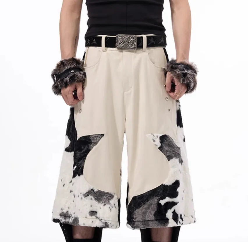 Youthful stitching milk fibre fur cropped pants with a personalised checkered or striped pattern.
