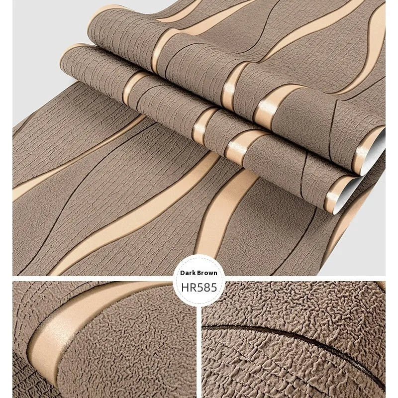 Curve Stripe 3D textured wallpaper roll in deerskin velvet finish, showing light grey and dark brown colour options.