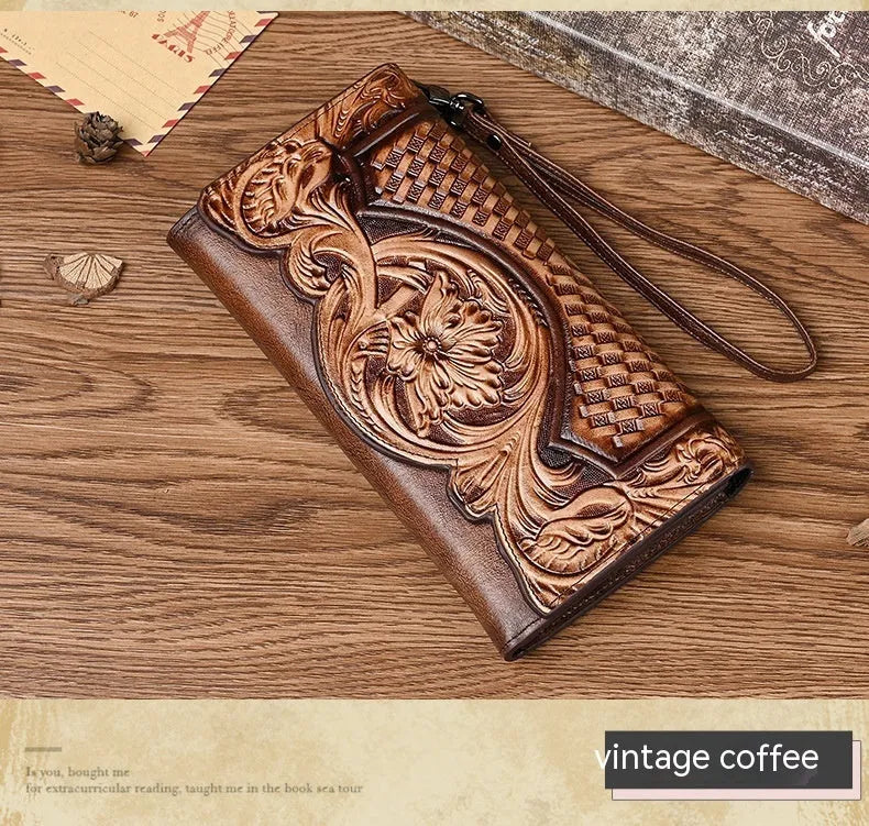 Chinese style embossed tri-fold wallet in retro brown with flower patterns