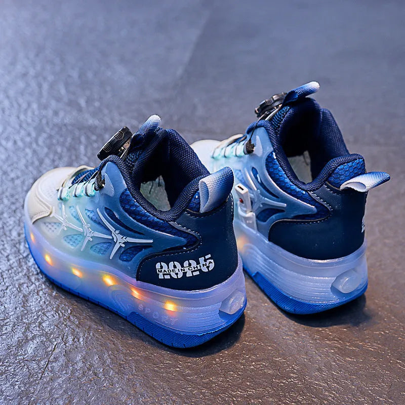 Children's blue knob roller skating shoes with striped pattern and twist-button fastening system