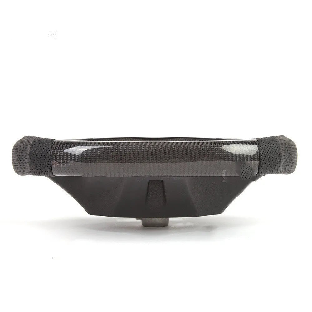 Black carbon fibre steering wheel for BMW with integrated LED display and heating function.