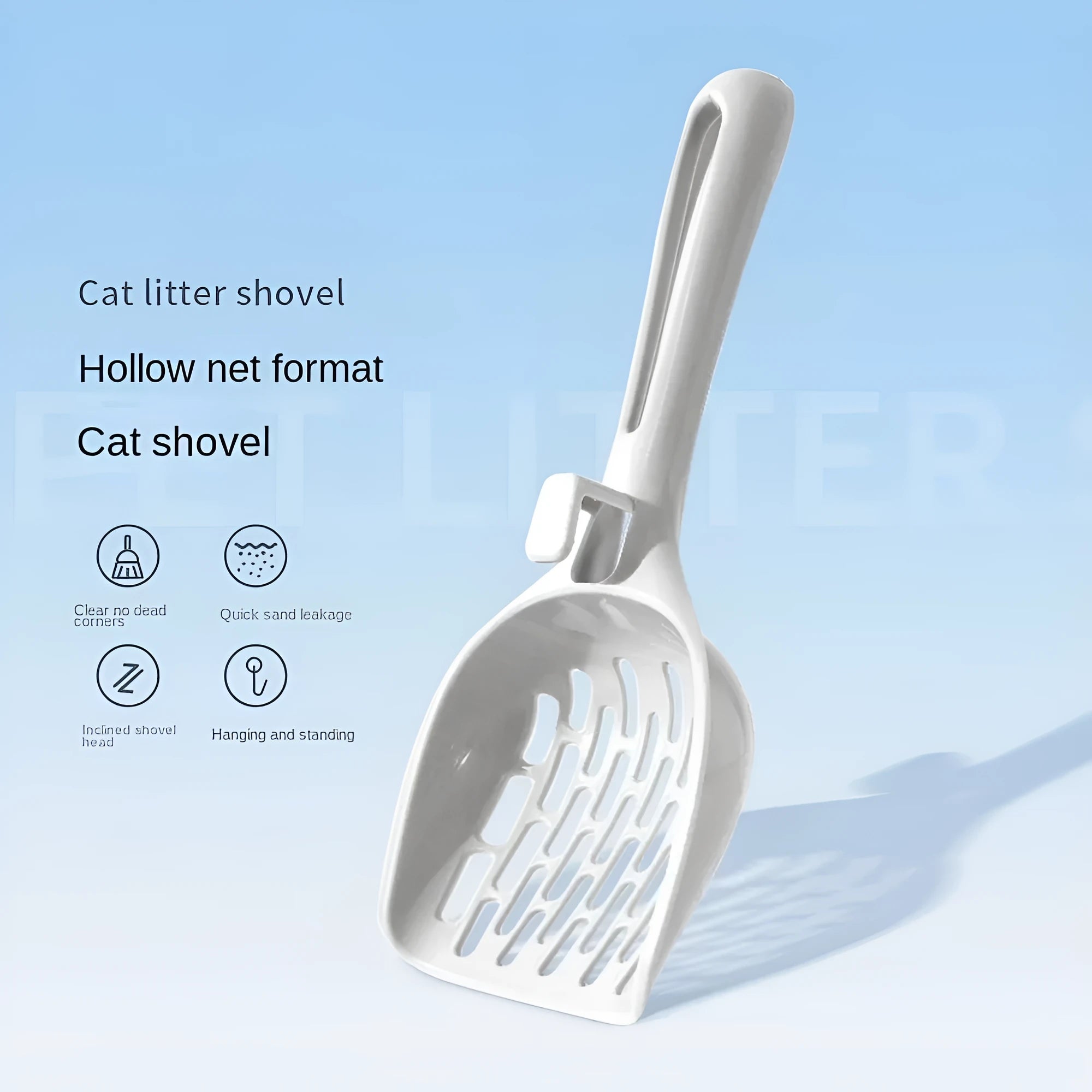 Gray plastic cat litter scoop with matching upright base for self-cleaning kitten toilet maintenance
