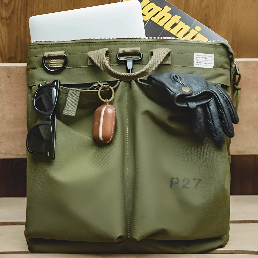 Marden Tooling Helmet retro canvas messenger bag for 15-inch laptops in charcoal black colour.