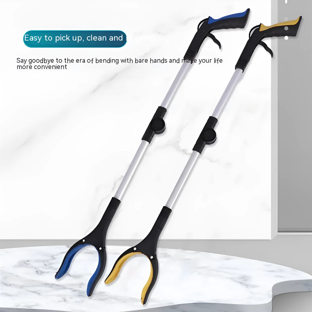 Foldable aluminium garbage pick-up clamp with magnetic end, shown extended and with blue handle.