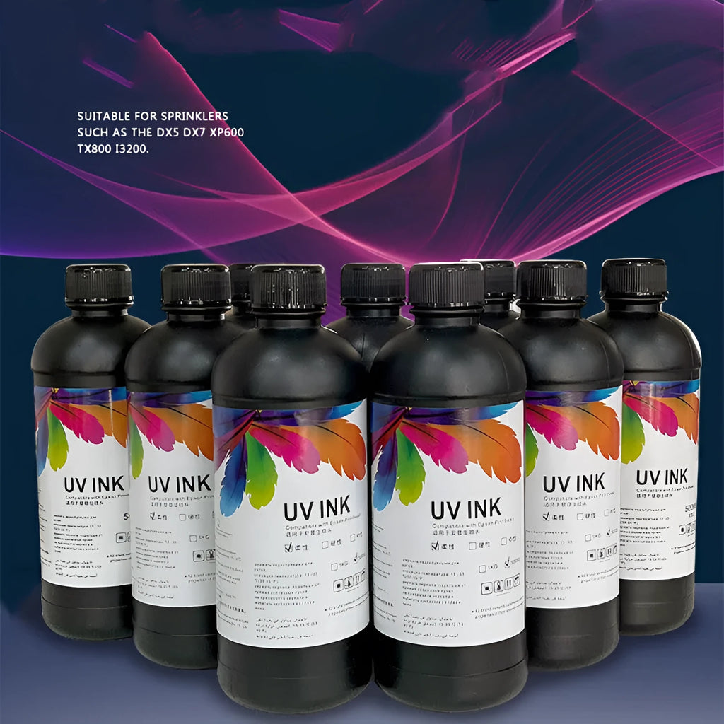 500ml bottle of Epson UV ink for XP600 TX800 flatbed printers with colour and hardness options