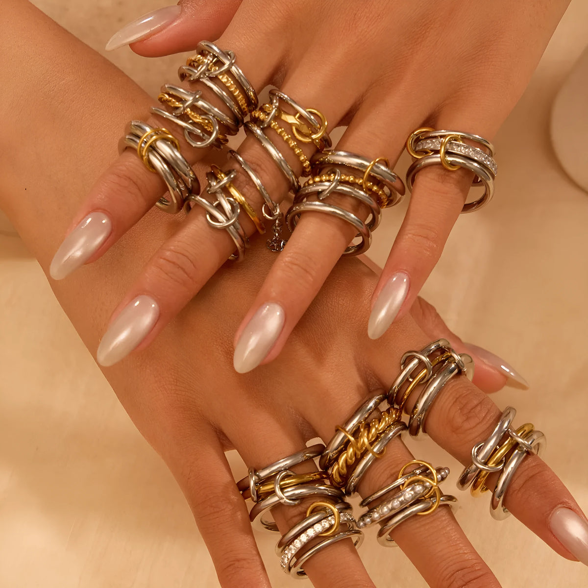 Stacked colour matching stainless steel ring set with 18K gold plating