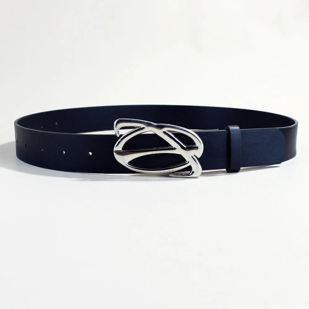 Silver buckle PU leather casual belt with snap button fastening.