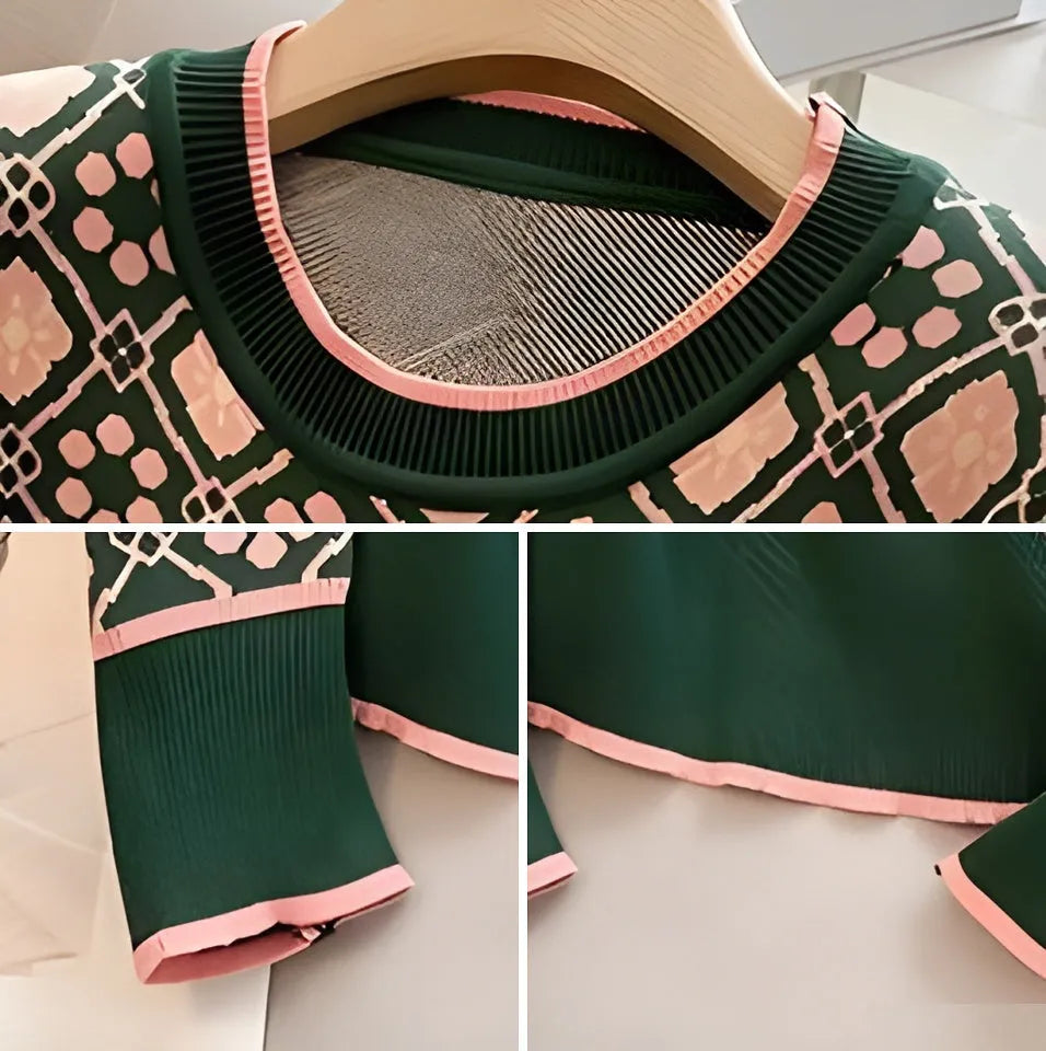Green women's loose fit printed sweater with regular sleeves on a model.