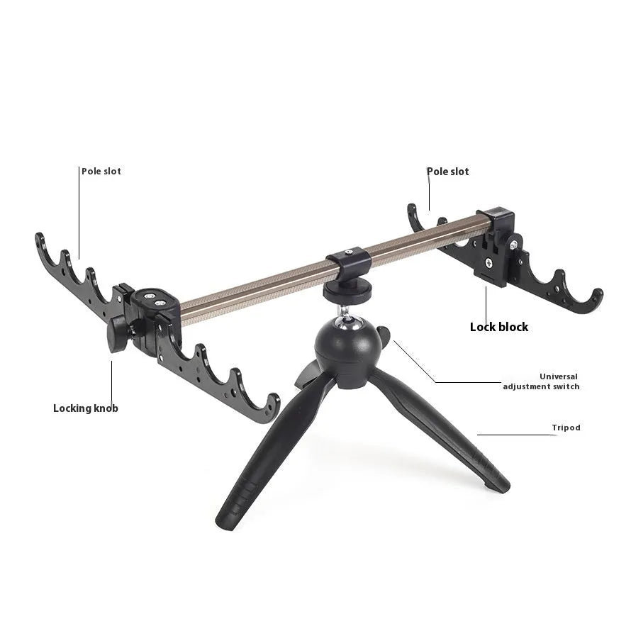 Aluminum alloy ice fishing tripod rod holder bracket supporting a small fishing rod
