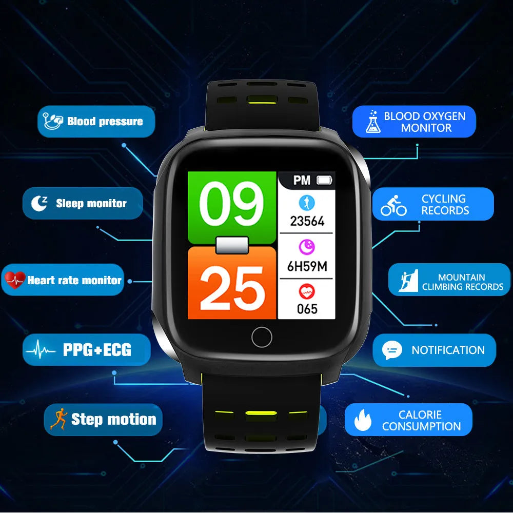 F16 Smart Watch showing ECG, blood pressure, and heart rate data on its IPS screen, with a black silicone wristband.