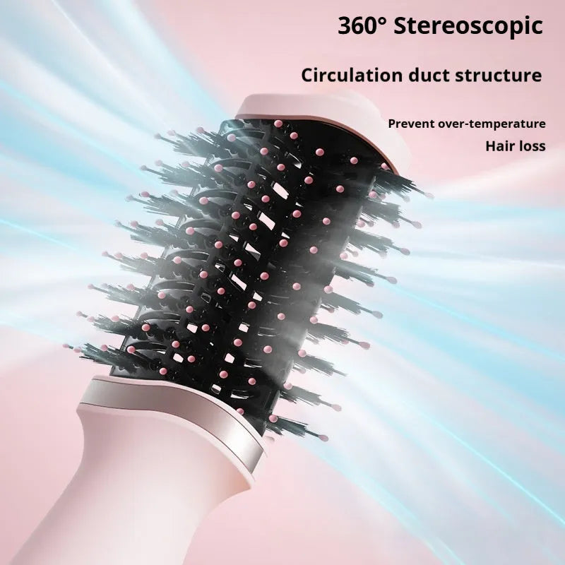 Pink multifunctional hair dryer with attached styling comb for drying and curling hair