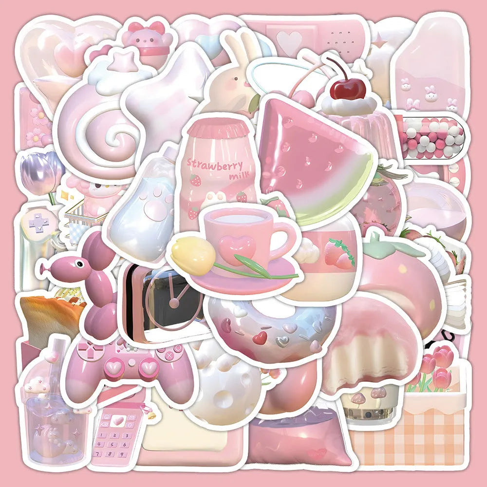 Realistic 3D decorative stickers in pink girl heart designs, 63 pieces per pack
