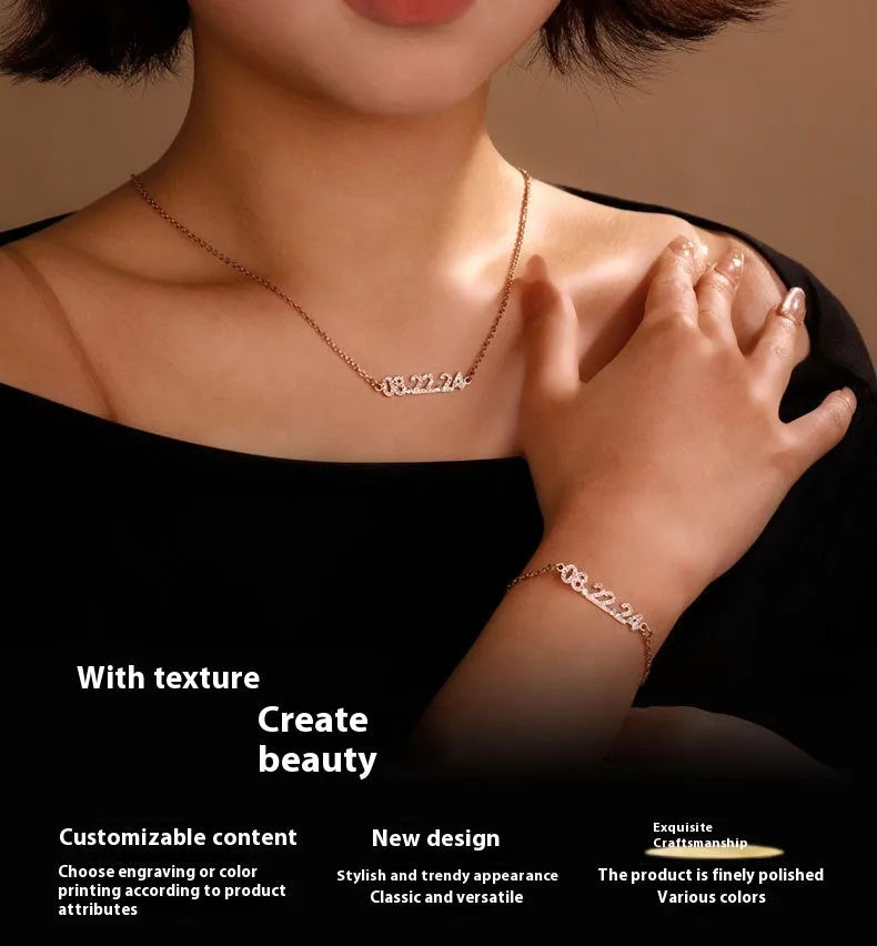 Stainless steel digital bracelet or necklace with diamond-set numbers in gold, rose gold, or steel colour.