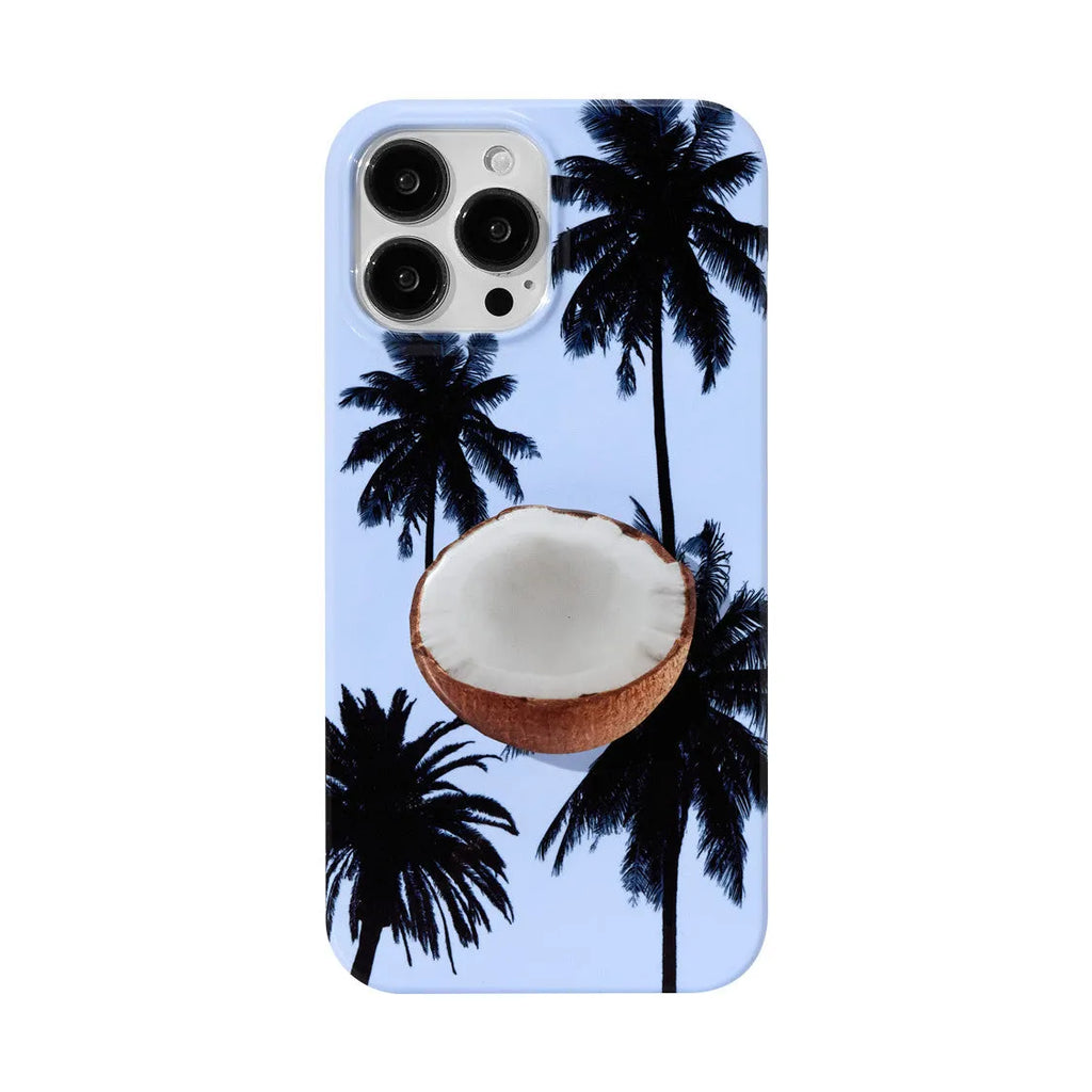 iPhone protective case with a summer coconut design pattern, showing front and back views.