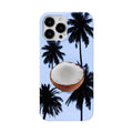 iPhone protective case with a summer coconut design pattern, showing front and back views.