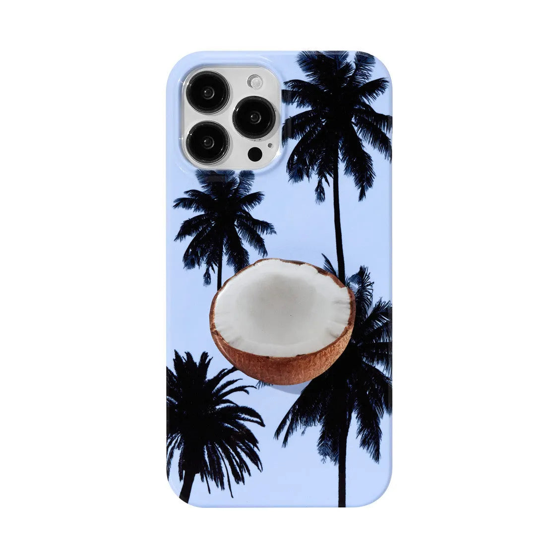 iPhone protective case with a summer coconut design pattern, showing front and back views.
