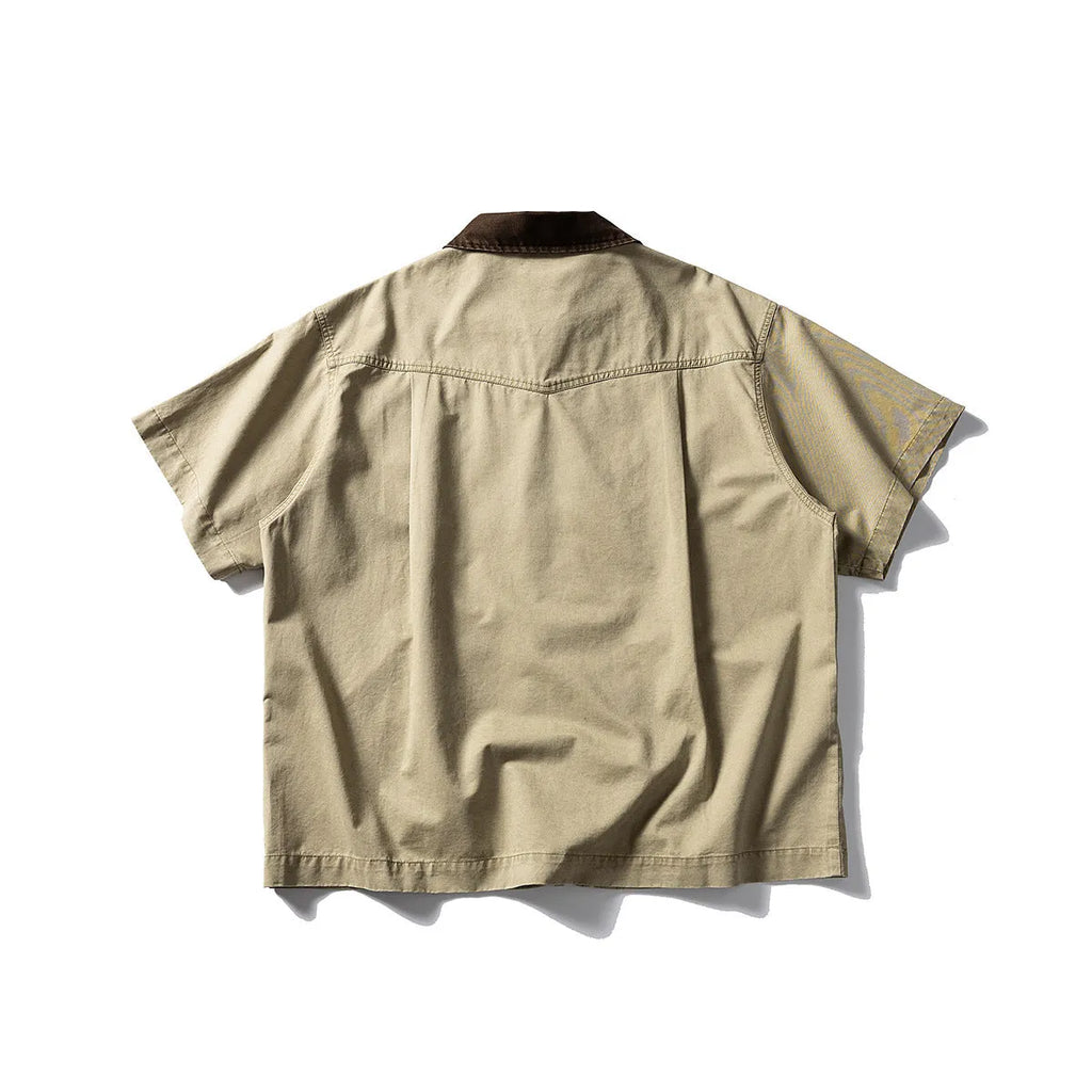 Washed cotton overalls shirt with short sleeves and loose cardigan styling in khaki or grey colours