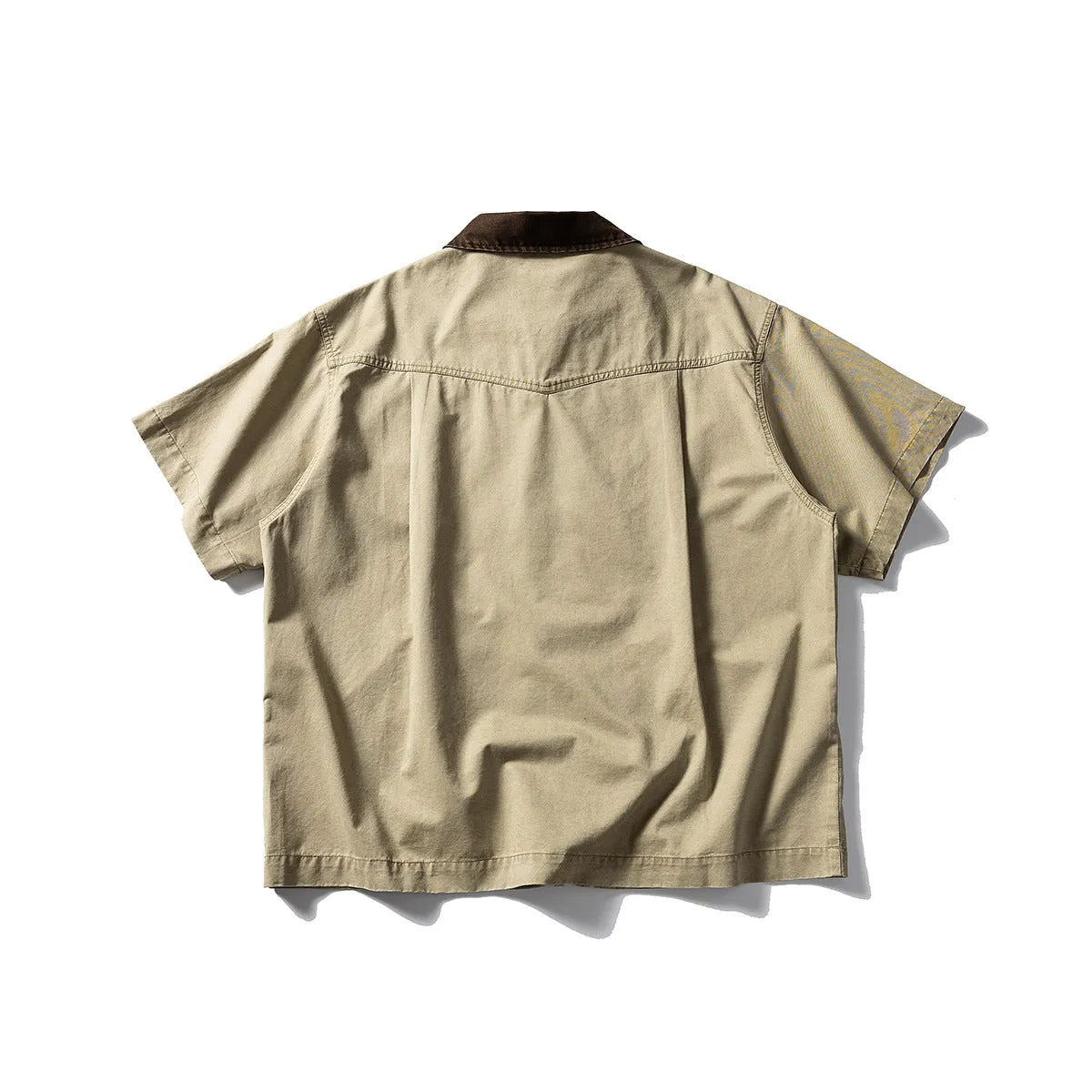 Washed cotton overalls shirt with short sleeves and loose cardigan styling in khaki or grey colours