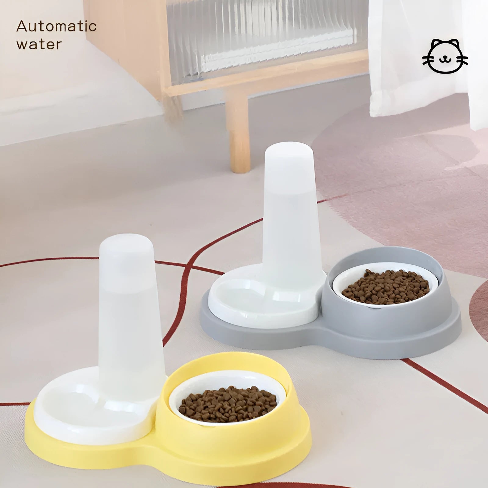 Grey pet dual feeding bowl with ceramic food bowls and stainless steel water dispenser on non-slip base