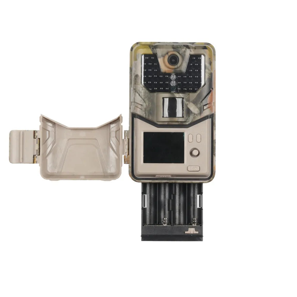 Outdoor hunting camera with camouflage finish showing LCD screen and infrared LED array