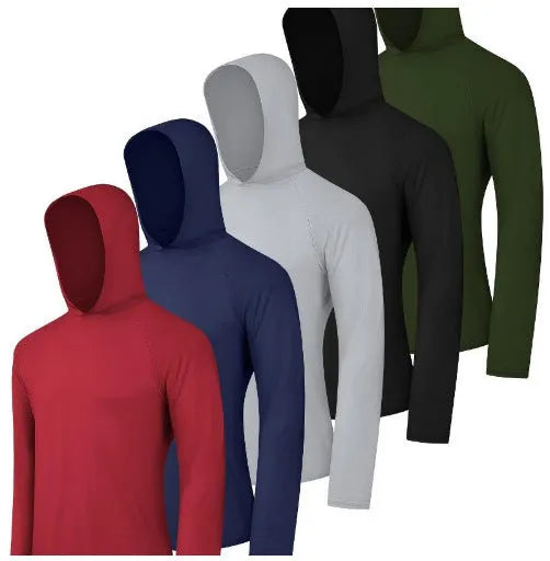 Set of four men's lightweight polyester hoodies on a hanger, showing colour options and style with hat.