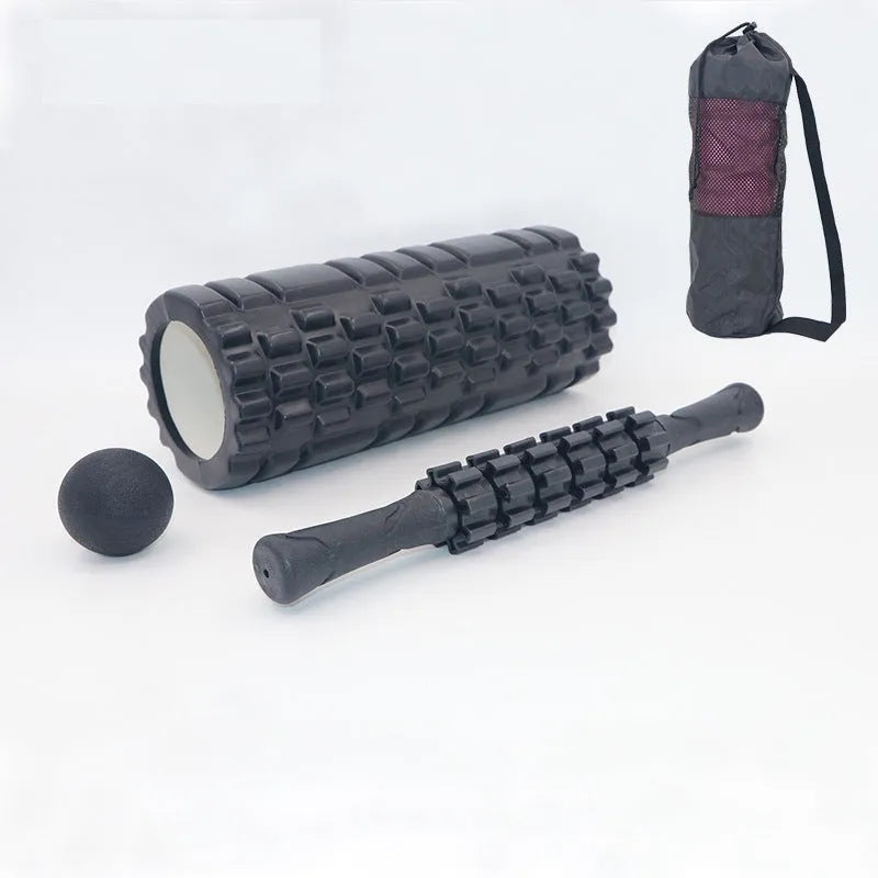 Six black foam roller massage bars showing 33cm length and cylindrical shape