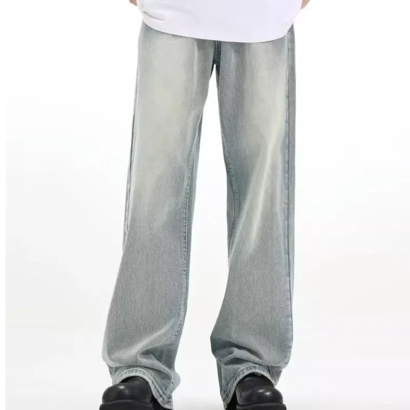 Blue loose retro-style casual trousers on a hanger, showing elasticated waist and rabbit fur fabric.