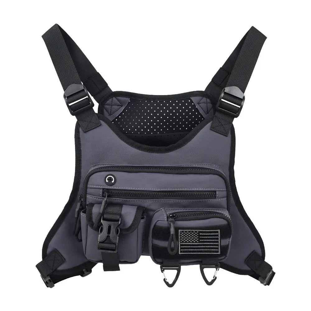 Men's outdoor sports chest bag in oxford cloth, shown in black, grey, and blue colour options.