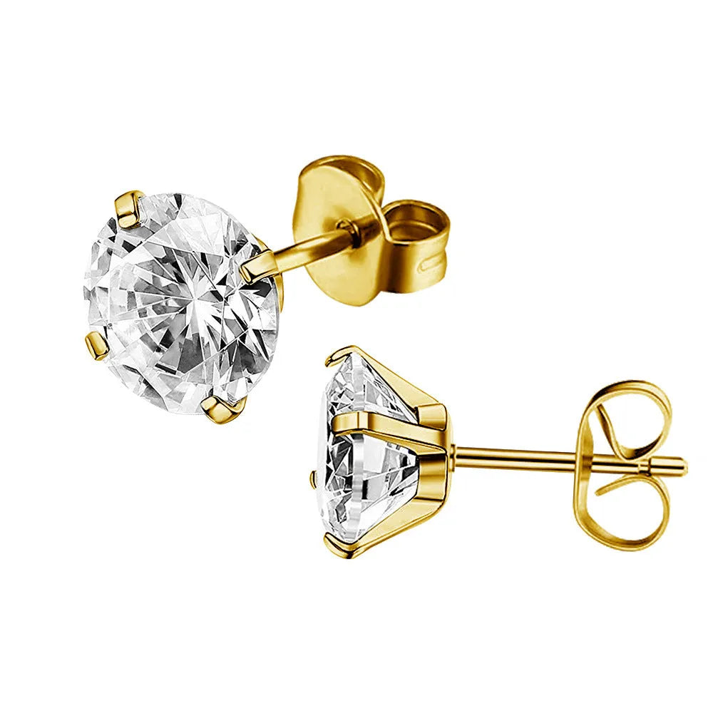 A pair of simple square-cut zircon stud earrings in stainless steel on a white background.