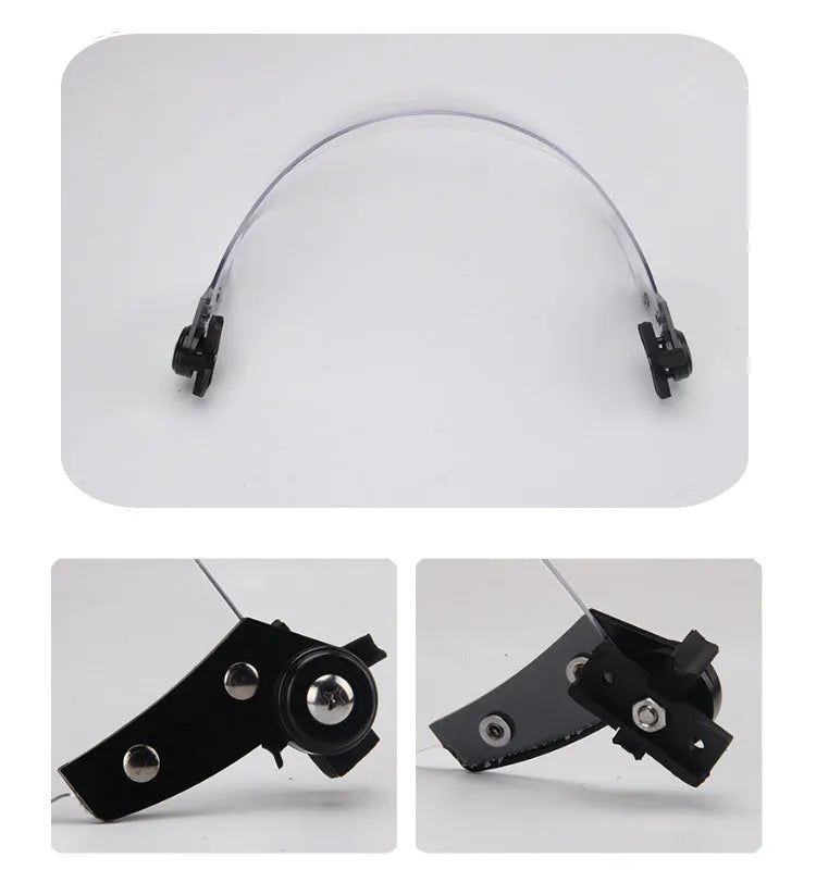 Transparent polycarbonate helmet face shield with semi-rimless frame measuring 30cm by 15cm
