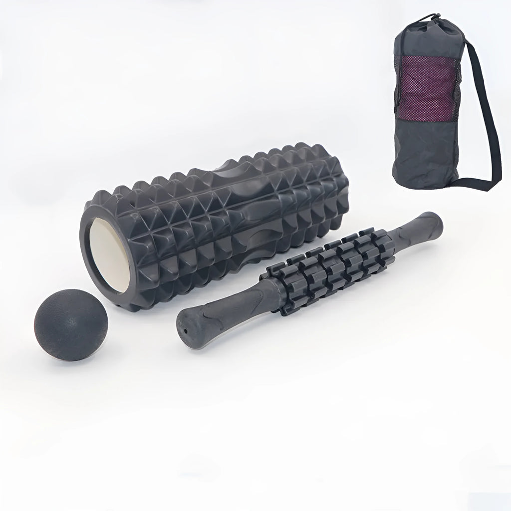 Six black foam roller massage bars showing 33cm length and cylindrical shape