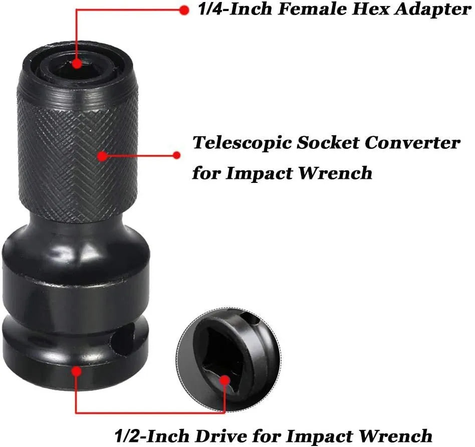 Scaling bit holder socket extension tool with telescopic sleeve on a workbench.