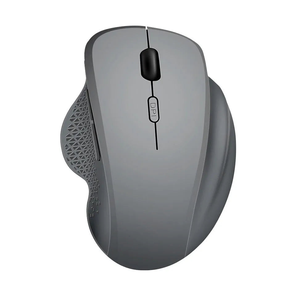 Grey and black self-charging wireless optical mouse for laptop computers with USB receiver and charging cable.