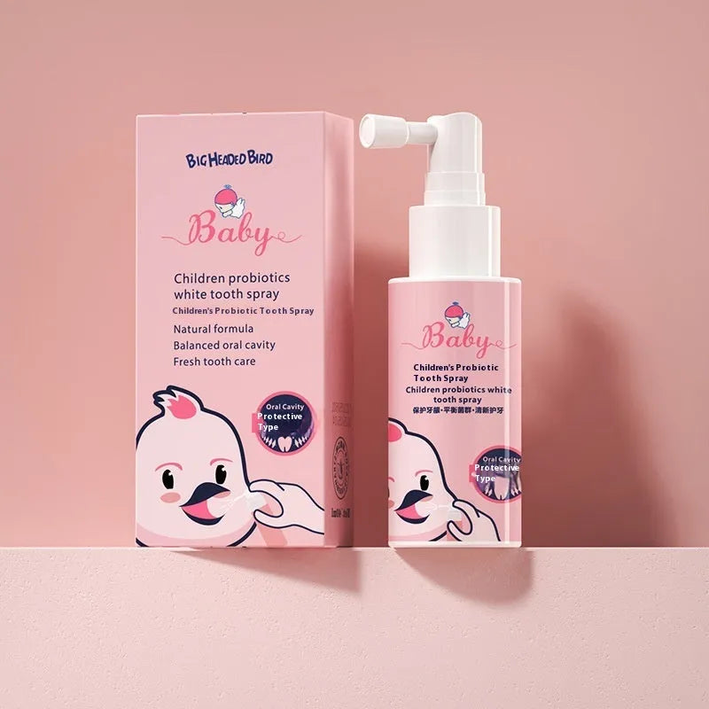 Children's probiotic teeth cleaning spray bottle in strawberry or orange flavour, 40ml oral care product