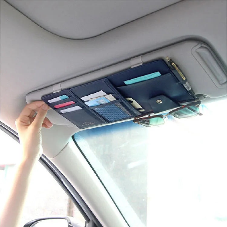 PU leather car sun visor clip organiser 30x14cm holding CD phone glasses and tickets, beige black grey options