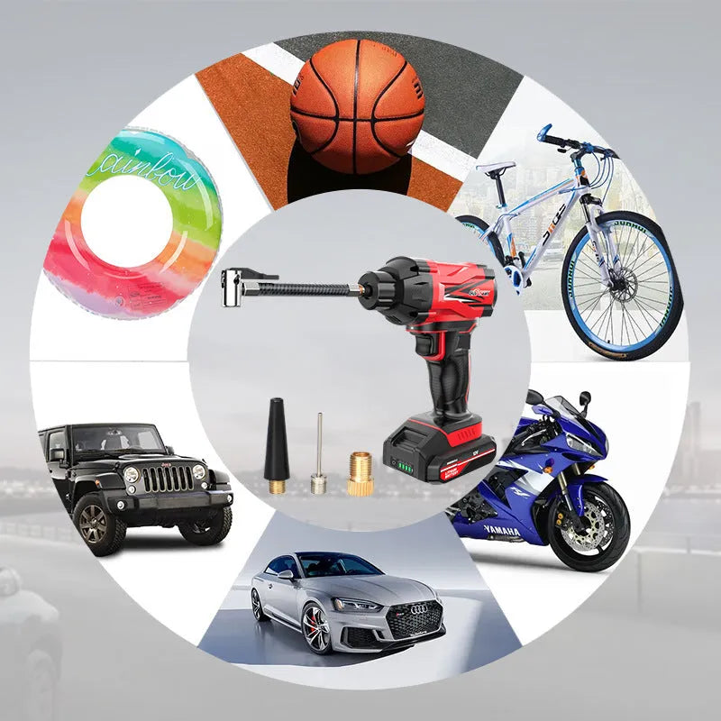Red and black portable car air pump with digital display, power cable, and multiple nozzle attachments