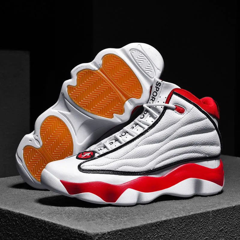 Men's high-top basketball shoes in AJ13 white red colourway with mesh upper and thick rubber sole.