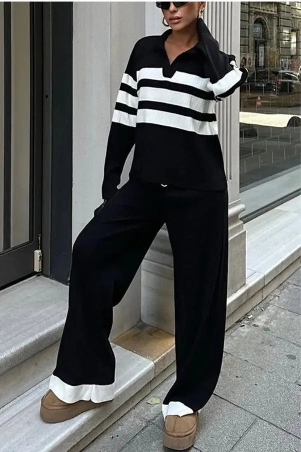 Women's black and white striped polo collar knitted two-piece set with trousers