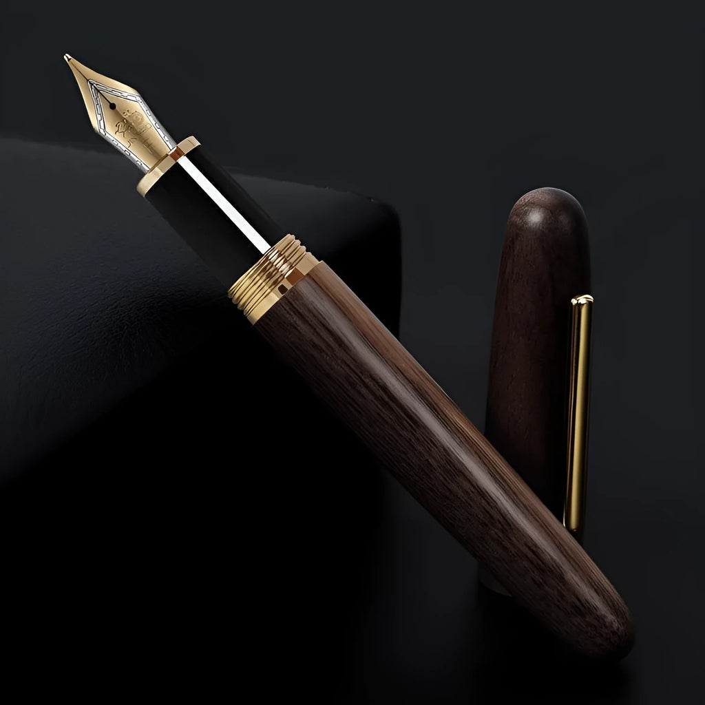 Wooden fountain pen with a rotating cap on a wooden desk, showing choice of rosewood and ebony bodies with different nibs.