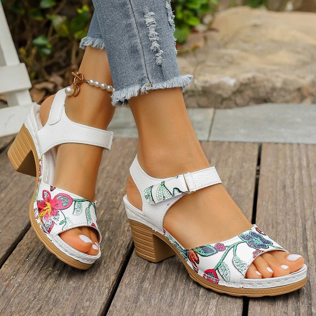 White women's casual high heel sandals with Velcro buckle closure and rubber sole