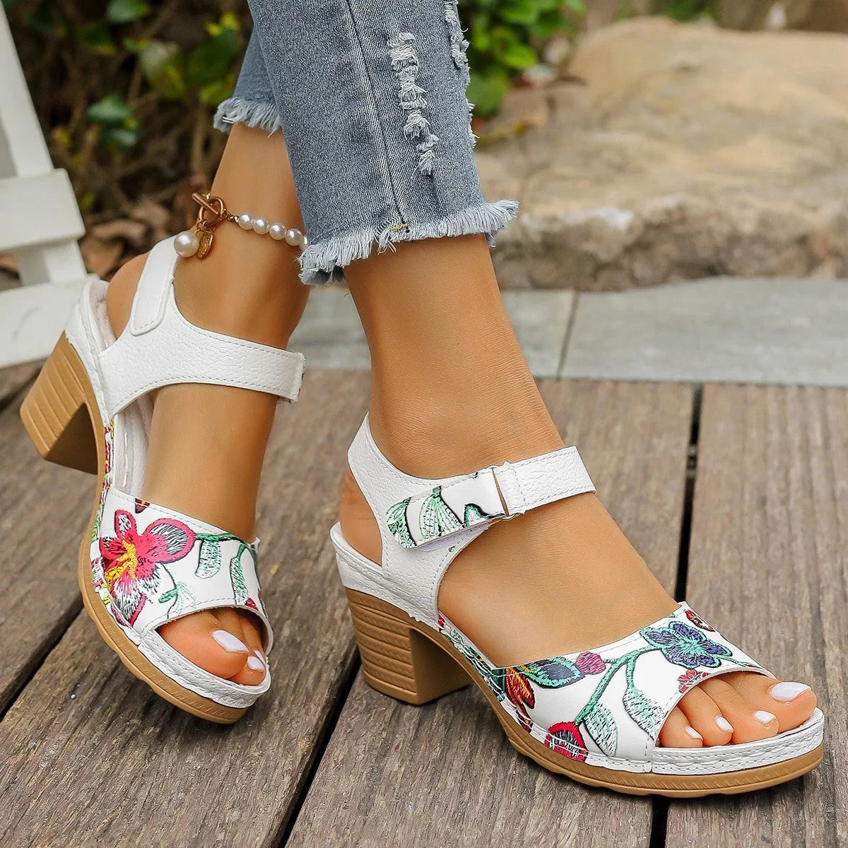 White women's casual high heel sandals with Velcro buckle closure and rubber sole