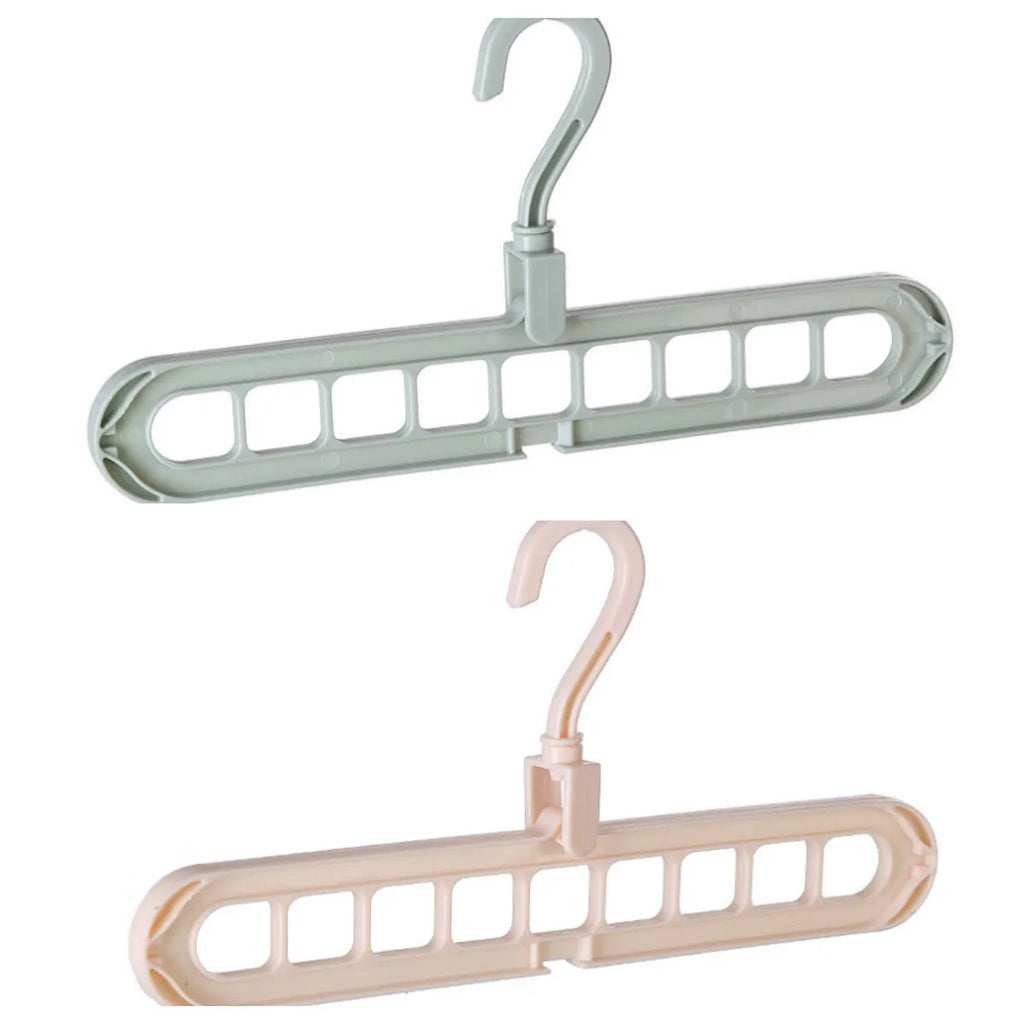 Plastic clothes hanger hook with rotating handle in various colours including pink and green.