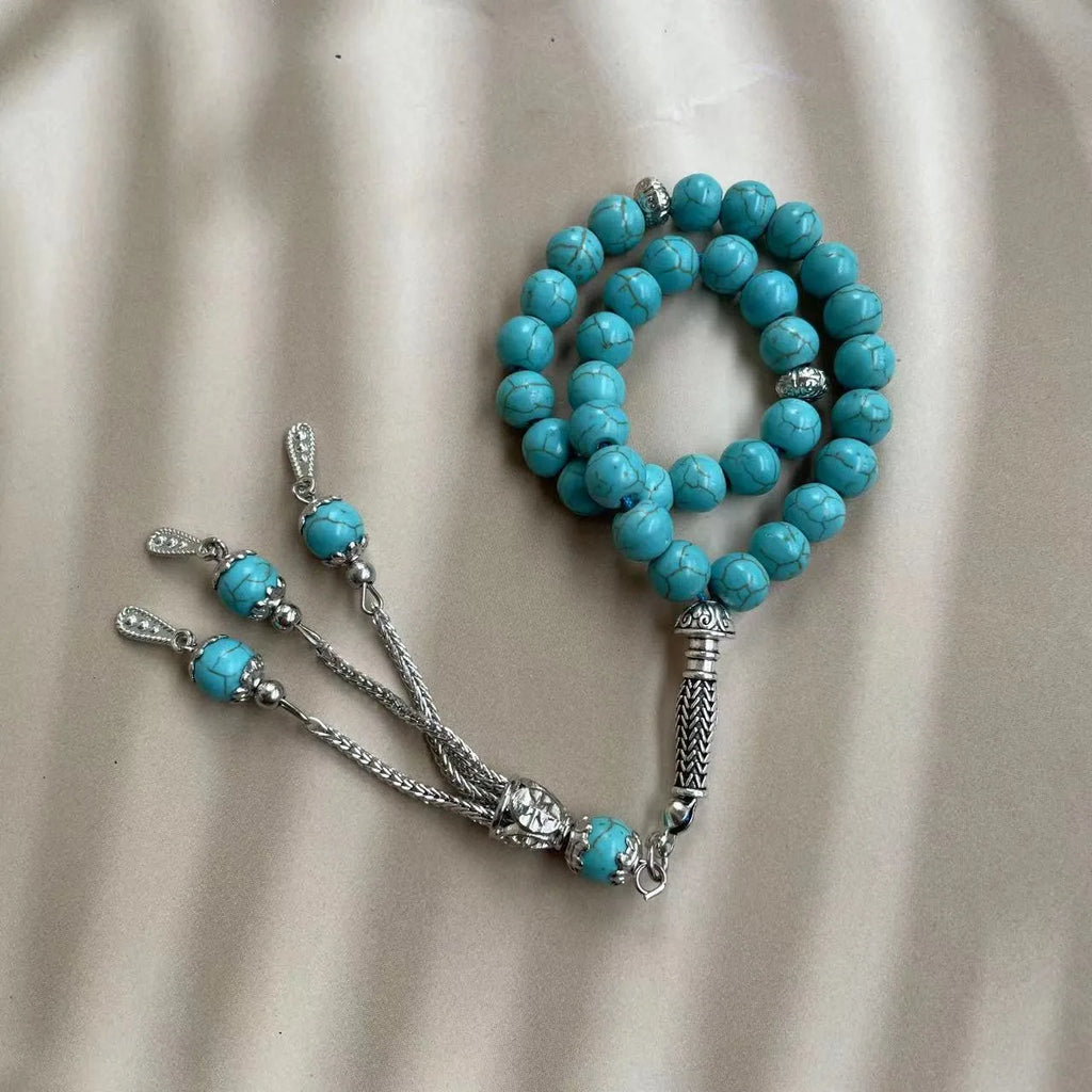 Sky blue stone bead Muslim prayer bracelet with adjustable knot on wrist