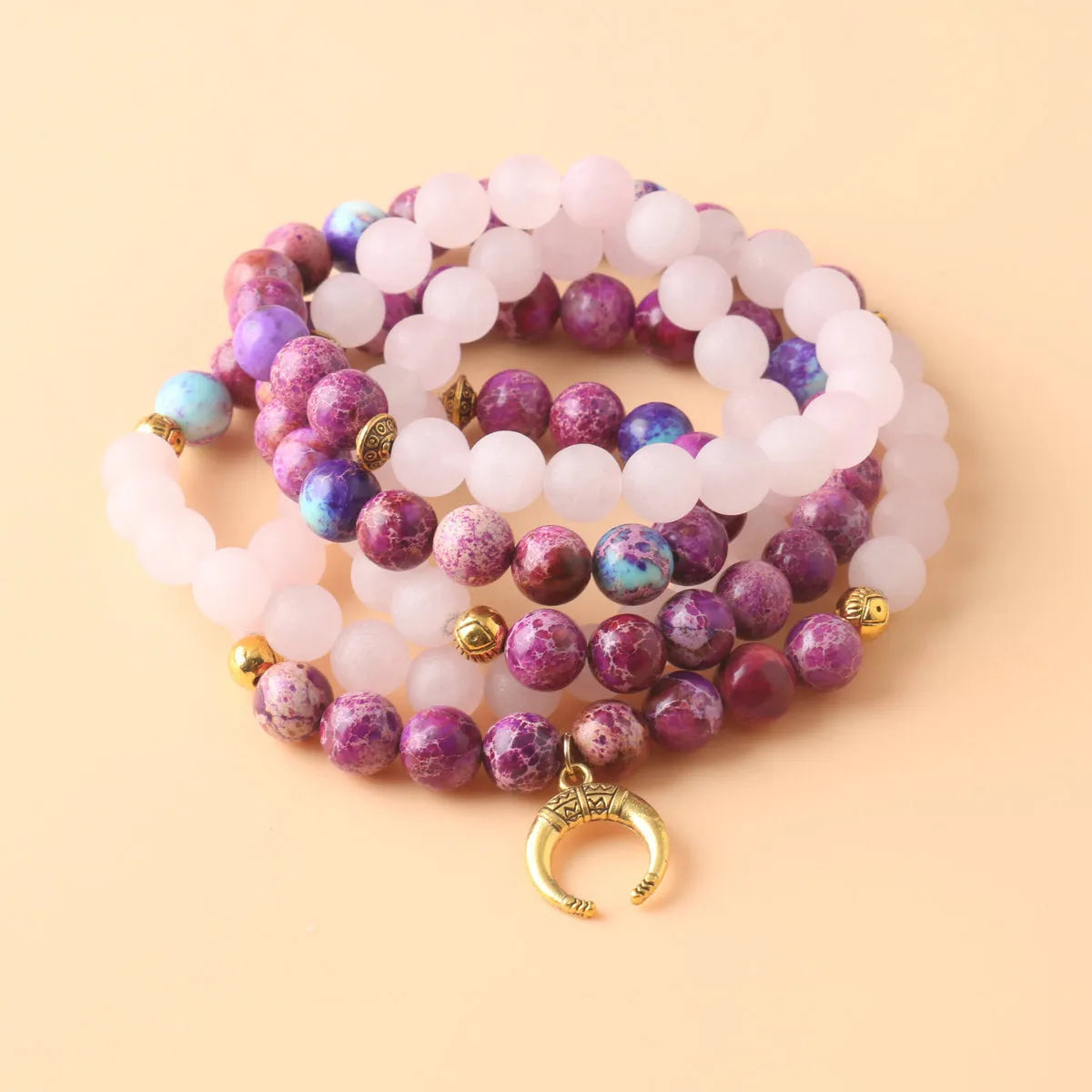 Emperor stone necklace with pink crystal beads and round pendant casual jewellery for women and men